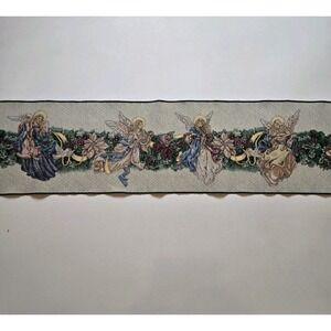 Tapestry Table Runner Christmas Angel Wreath 13X72‎ Green USA Made Glitter Long